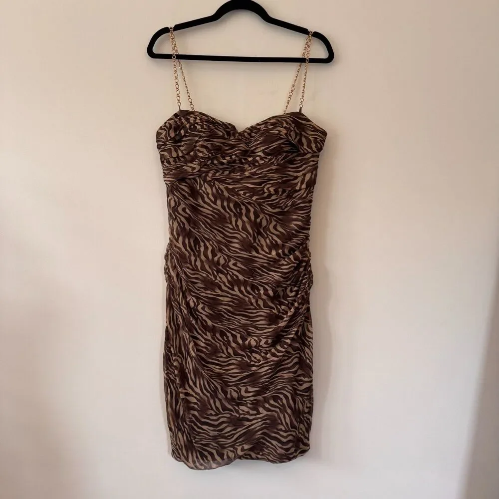 Niteline Brown & Tan Zebra Print Ruched Midi Dress Gold Chain Straps Size 12